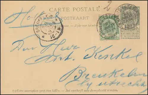 Belgien Postkarte P 30 Wappen ANVERS (STATION) 27.7.1899 nach BREUKELEN 28.7.99