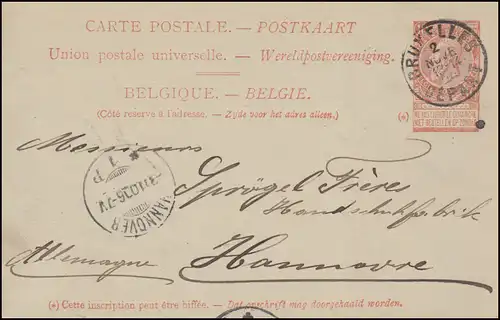 Belgien Postkarte P 31 Leopold BRÜSSEL / BRUXELLES 2 11.1906 nach HANNOVER 3.11.