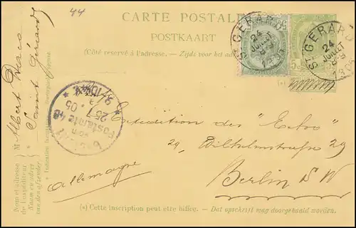 Belgique Carte postale P 44e anniversaire Vert, St. GERARD 24.7.1095 vers BERLIN 25.7.