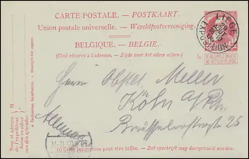 Belgien Postkarte P 45 Jubiläum Blau, LIEGE EXPOSITION 29.8.1905 nach KÖLN 30.8.