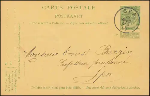 Belgien Postkarte P 46 Leopold mit Sonntagsanhängsel Ortskarte SPA 12.4.1909