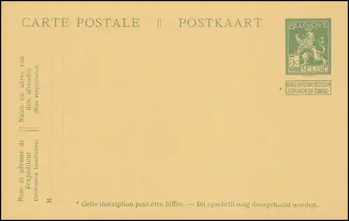 Belgien Postkarte 55 Wappenlöwe 5 Centimes 1913, ungebraucht ** / MNH 