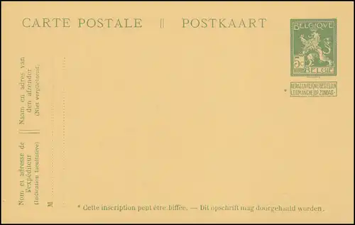 Belgien Postkarte 55 Wappenlöwe 5 Centimes 1913, ungebraucht ** / MNH