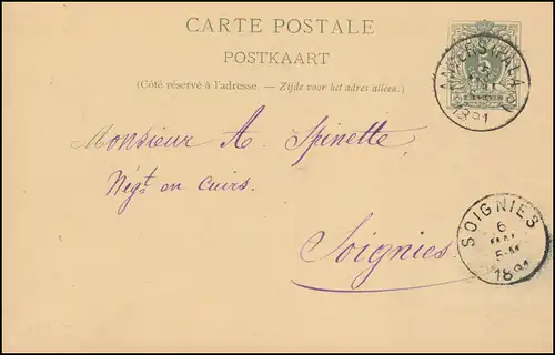 Belgien Postkarte P 26I Ziffer aus ANVERS (PALAIS) 5.5.1891 nach SOIGNIES 6.5.91