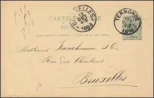 Belgien Postkarte P 22I Ziffer aus TERMONDE 15.10.1888 nach BRUXELLES 15.10.88
