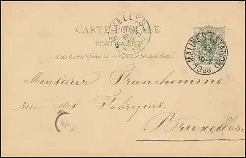 Belgien Postkarte P 22I Ziffer MALINES (STATION) 13.12.1888 nach BRÜSSEL 13.12.
