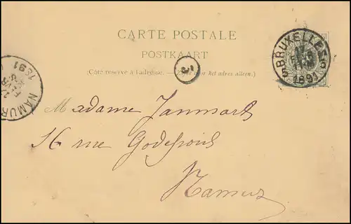 Belgique Carte postale P 22I chiffre de BRUXELLES 17.2.1891 vers Nomin 17.2.