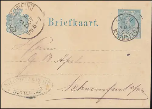 Niederlande Postkarte P 9 Wilhelm ROTTERDAM 22.11.1878 nach SCHWEINFURT 24.11.