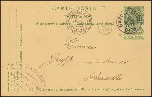Belgien Postkarte P 38 aus GAND (STATION) 18.12.1906 nach BRUXELLES / BRÜSSEL
