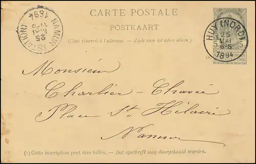 Belgien Postkarte P 30 Wappen HUY (NORD) 25.5.1894 nach NAMUR (STATION) 25.5.94