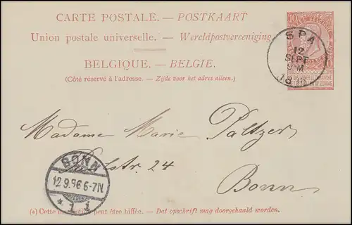 Belgien Postkarte P 31 Leopold aus SPA 12.9.1896 nach BONN 12.9.96