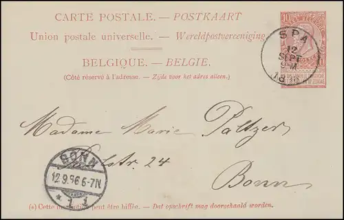Belgique Carte postale P 31 Leopold de SPA 12.9.1896 vers BONN 12/9.96