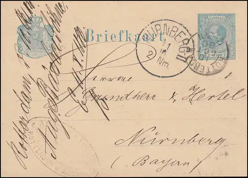 Pays-Bas Carte postale P 9 Wilhelm ROTTERDAM 10.10.1880 vers NÜRNBERG II 11.10.