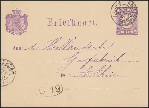 Niederlande Postkarte P 8I Ziffern als Ortskarte AMSTERDAM 12.7.1879