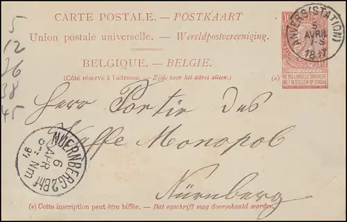 Belgien Postkarte P 31 Leopold aus ANVERS (STATION) 5.4.97 nach NÜRNBERG 6.4.97
