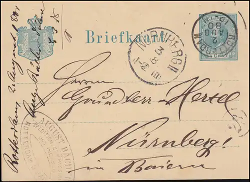 Pays-Bas Carte postale P 9 Wilhelm ROTTERDAM 2.8.1880 après Encercle NÜRNBERG 3.8.