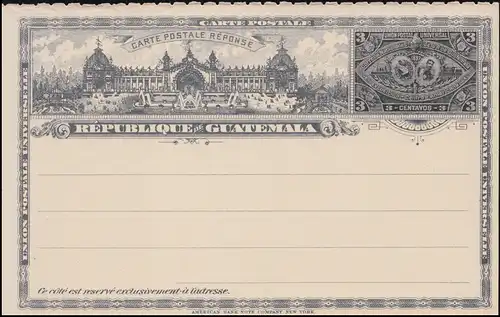 Guatemala: réponse complète Carte postale 3 Centavos 1897, non utilisée ** / MNH