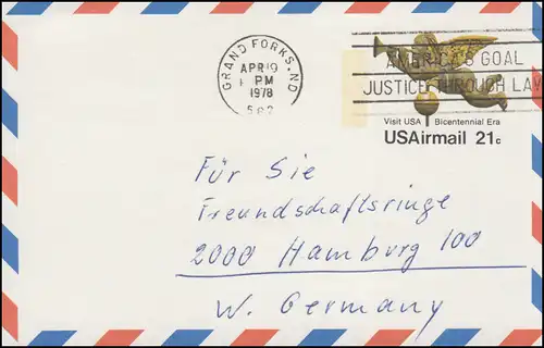 Carte postale USAirmail 21 c Engel Visit USA Bicentennial Era GRAND FORKS 19.4.1978