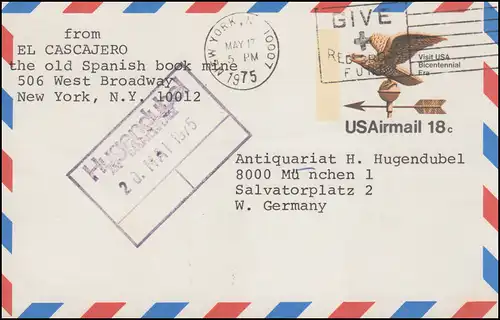Carte postale USAirmail 18 c Adler Visit UAS Bicentennial Era, NEW YORK 17.5.1975