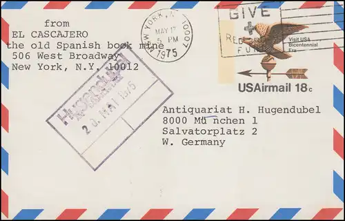 Postkarte USAirmail 18 c Adler Visit UAS Bicentennial Era, NEW YORK 17.5.1975