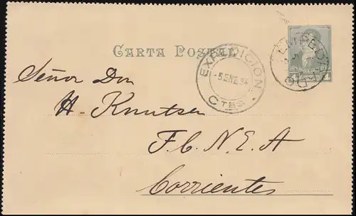 Argentienien: Kartenbrief 4 Centavos Portrait EMPEDRADO 5.1.1894 nach CORRIENTES