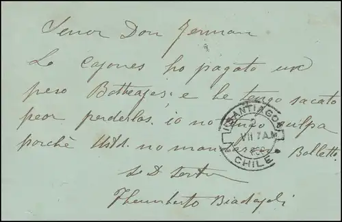 Chile: Postkarte Christoph Kolumbus mit Zusatzfr. GUILLOTA 1.7.1908 n. SANTIAGO