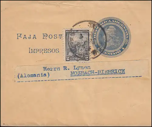 Argentinien: Streifband 1 Centavos Blau BUENOS AIRES 1904 nach Mosbach-Biebrich