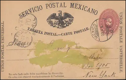 Mexique: carte postale numéro 2 Centavos MEXICO D.F. 23.10.1889 vers NEW YORK 29.10.