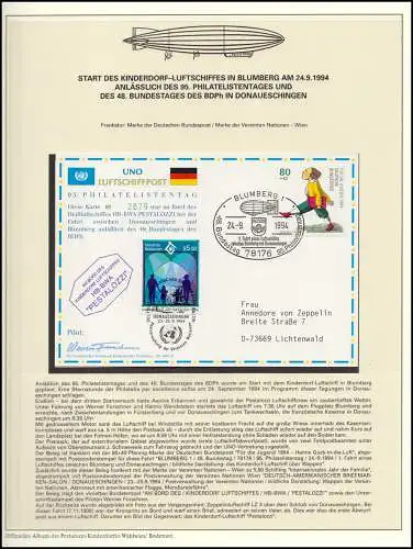 Luftschiffspost DKL 26 PESTALOZZI BdPh-Bundestag BLUMBERG-DONAUESCHINGEN 1994
