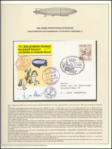 Luftschiffspost Kinderdorf BODENSEE II 500 Jahre Poststation STOCKACH 1990