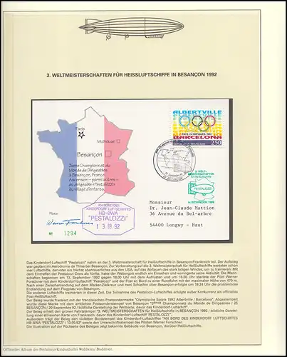 Luftschiffspost Kinderdorf PESTALOZZI 3. WM für Heißluftschiffe in Besancon 1992