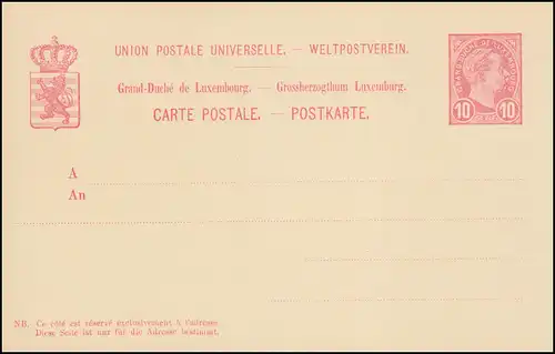 Luxemburg Postkarte P 54 Großherzog Adolf 10 C. ungebraucht