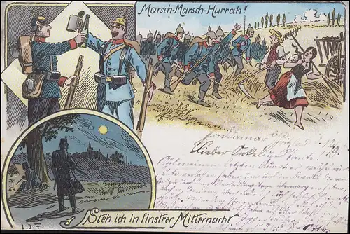 Carte de vue Militaria Humor March-Marsch-Hurrah! couru 11.9.1898