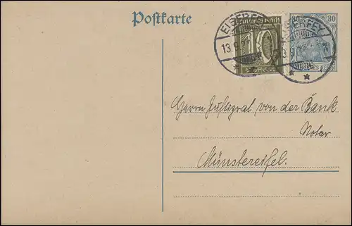 Carte postale P 120B Germania 30 Pf avec supplément EISERFEY 13.9.21 vers Münsterifell