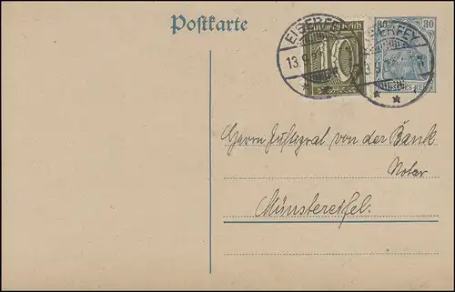 Postkarte P 120B Germania 30 Pf mit Zusatzfr. EISERFEY 13.9.21 nach Münstereifel