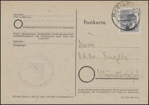 947 Arbeiter 12 Pf. EF Postkarte Amtsgericht RHEINABCH 19.2.48 nach Münstereifel