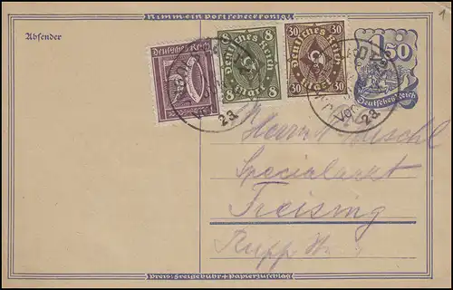 Postkarte P 148aI Postreiter mit Zusatzfrankatur INGOLSTADT 14.6.23 n. Freising