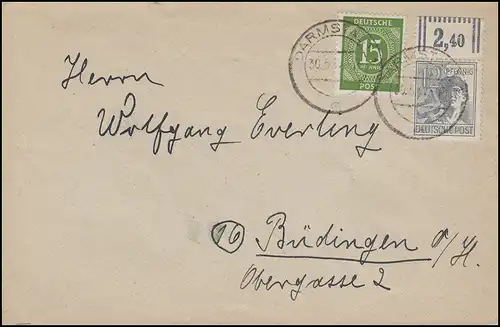 Conseil de contrôle I+II MiF 922+ 947 W OR sur lettre DARMSTADT 30.5.47 à Büdingen