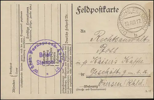 Feldpostkarte Württemb. Ferrnsprech-Abt. 27 DEUTSCHE FELDPOST 10.8.17 n. Viersen