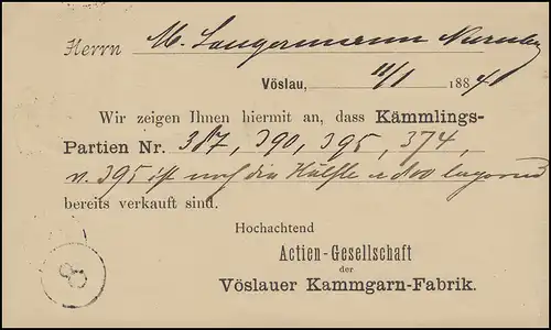 Autriche Carte postale P 43 Kammgarnfabrik VÖSLAU 1.11.84 n. Nuremberg 2.11.85