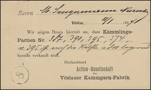 Österreich Postkarte P 43 Kammgarnfabrik VÖSLAU 1.11.84 n. Nürnberg 2.11.84