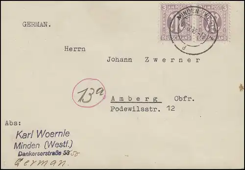 AM-Post 2x 3 Pf. Paar MeF Postkarte von MINDEN (WESTF) 5.12.45 nach Amberg