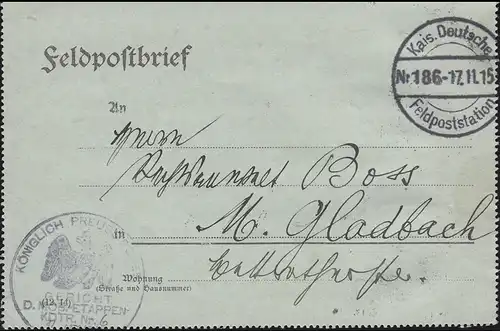 Feldpost-Kartenbrief Gericht Mobil-Etappen-Kdtr. Nr. 6 FELDPOST 186 -17.11.15