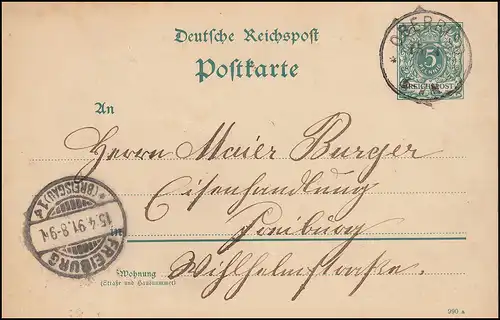 Carte postale P 24, paragraphe 5, p. DV 990 a, de OBERRIED 15.4.91 à FREIBURG 15.04.