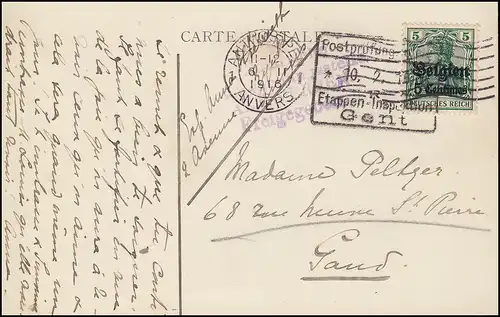 Censuration Centre de contrôle des postes 10.2.1916 Inspection d'étape Gand sur carte postale EF 2