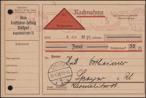 Absenderfreistempel Kraftfahrer-Zeitung auf NN-Karte Stuttgart 19.4.28 n. Speyer