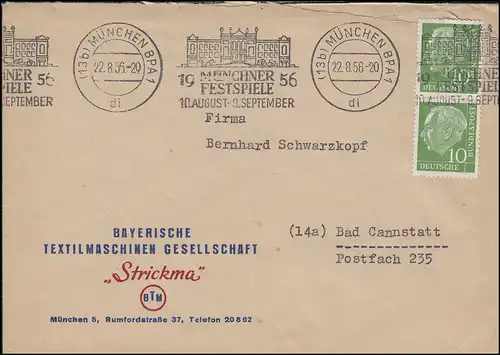 183x Heuss 10 Pf MeF Bf Textilmaschinen Strickma MÜNCHEN 22.8.56 n.Bad Cranstatt