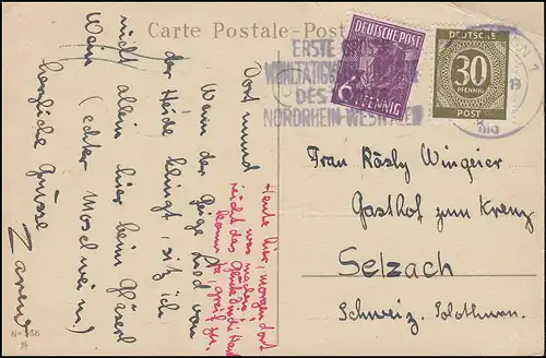 926 Ziffer + 944 Pflanzer auf Glückwunsch-Postkarte KÖLN Lotterie 11.12.47