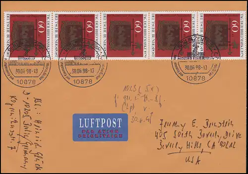 1023 Tag der Briefmarke 5x60 Pf MeF Luftpost-Brief SSt BERLIN Postmuseum 30.6.98
