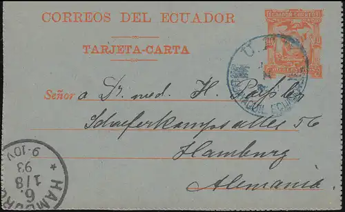 Ecuador Kartenbrief 10 Centavos orange U.P.U. GUAYAQUIL nach HAMBURG 1.8.1893